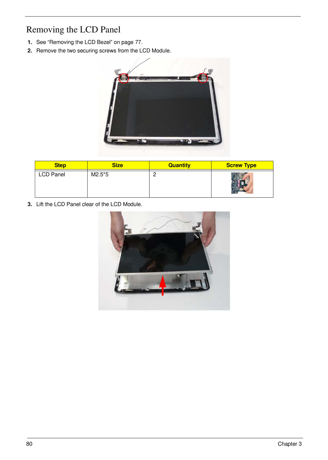 eMachines D720 manual Removing the LCD Panel, Step Size Quantity Screw Type LCD Panel M2.5*5 