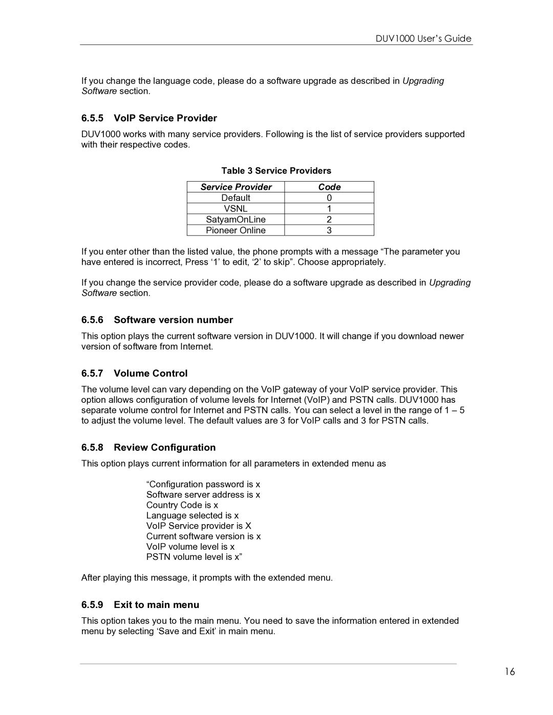 eMachines DUV1000 VoIP Service Provider, Software version number, Volume Control, Review Configuration, Exit to main menu 