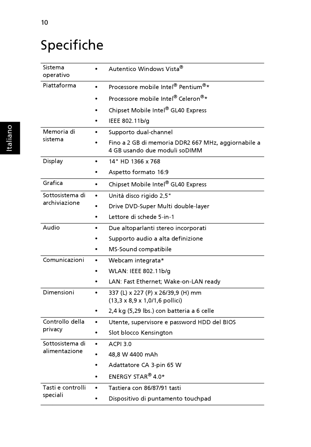 eMachines e machine manual Specifiche, Energy Star 