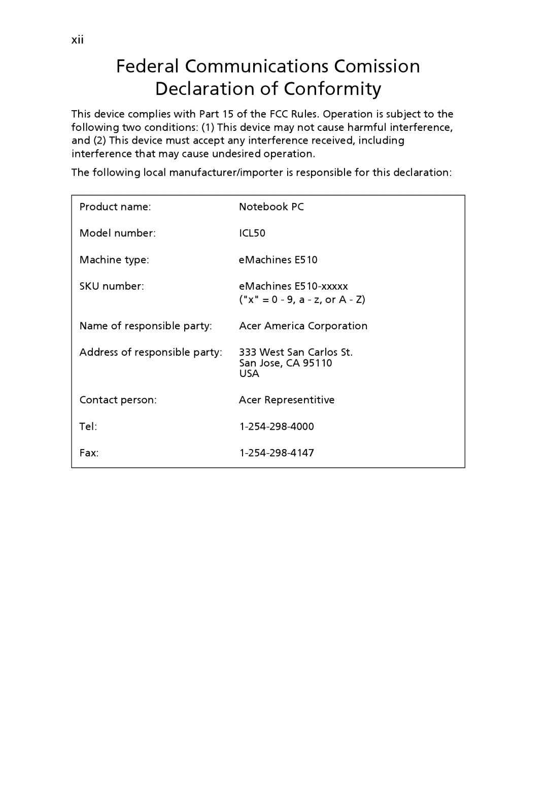 eMachines E510 Series manual Federal Communications Comission Declaration of Conformity, ICL50 