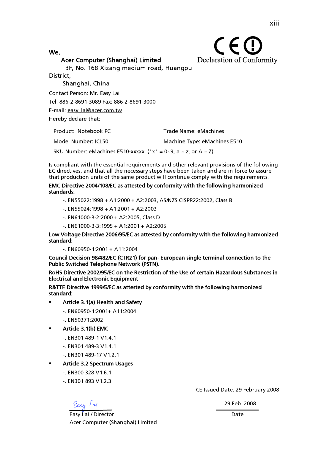 eMachines E510 Series manual Xiii, Acer Computer Shanghai Limited 