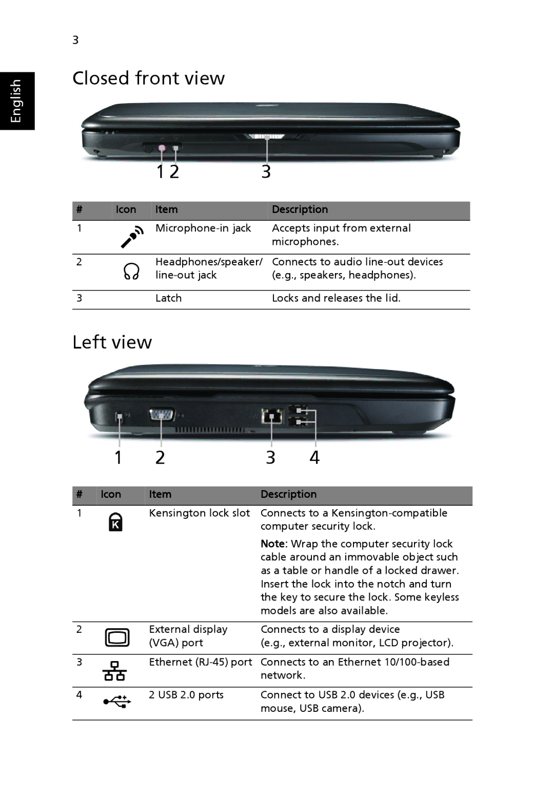 eMachines E510 Series manual Closed front view, Left view, Icon Description 