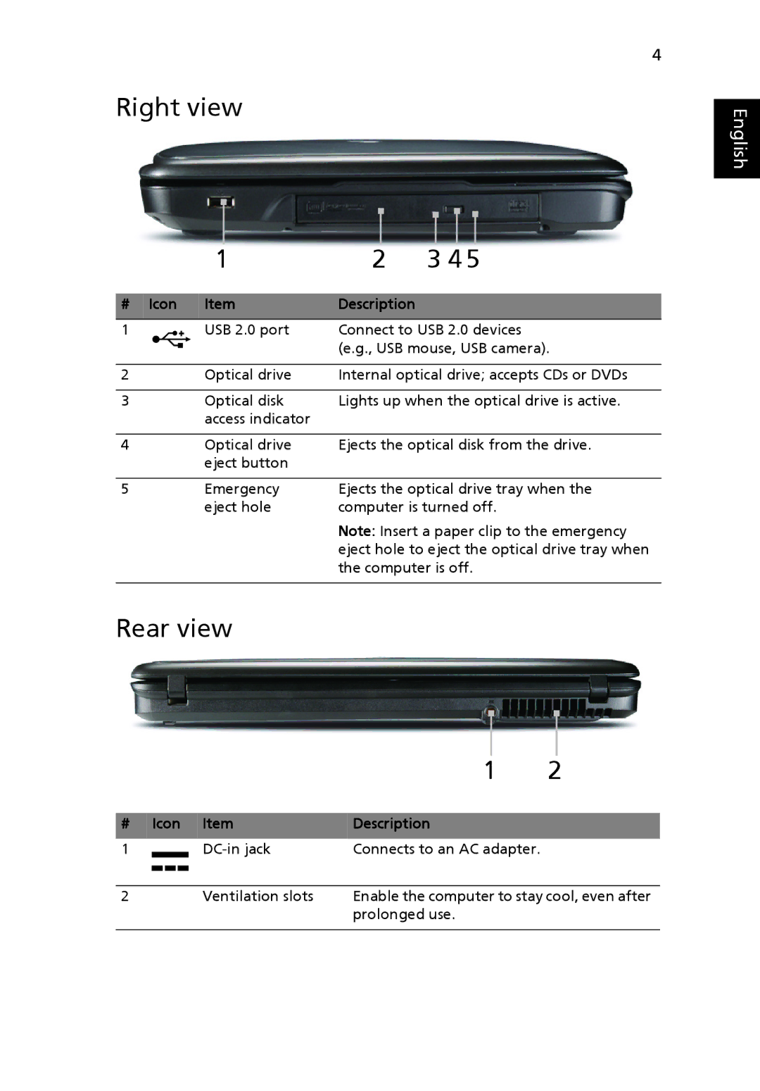 eMachines E510 Series manual Right view, Rear view, # Icon 