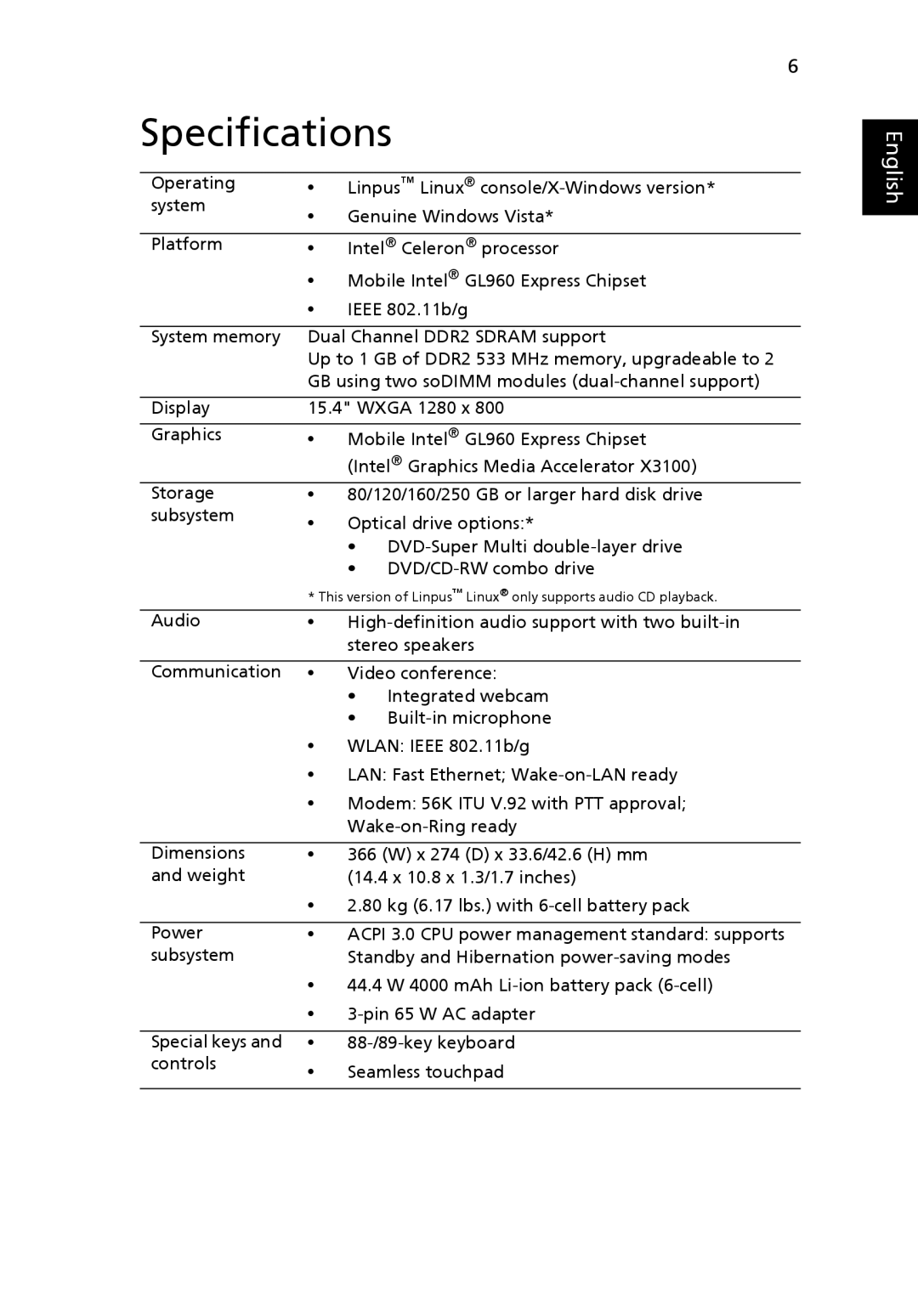 eMachines E510 Series manual Specifications 