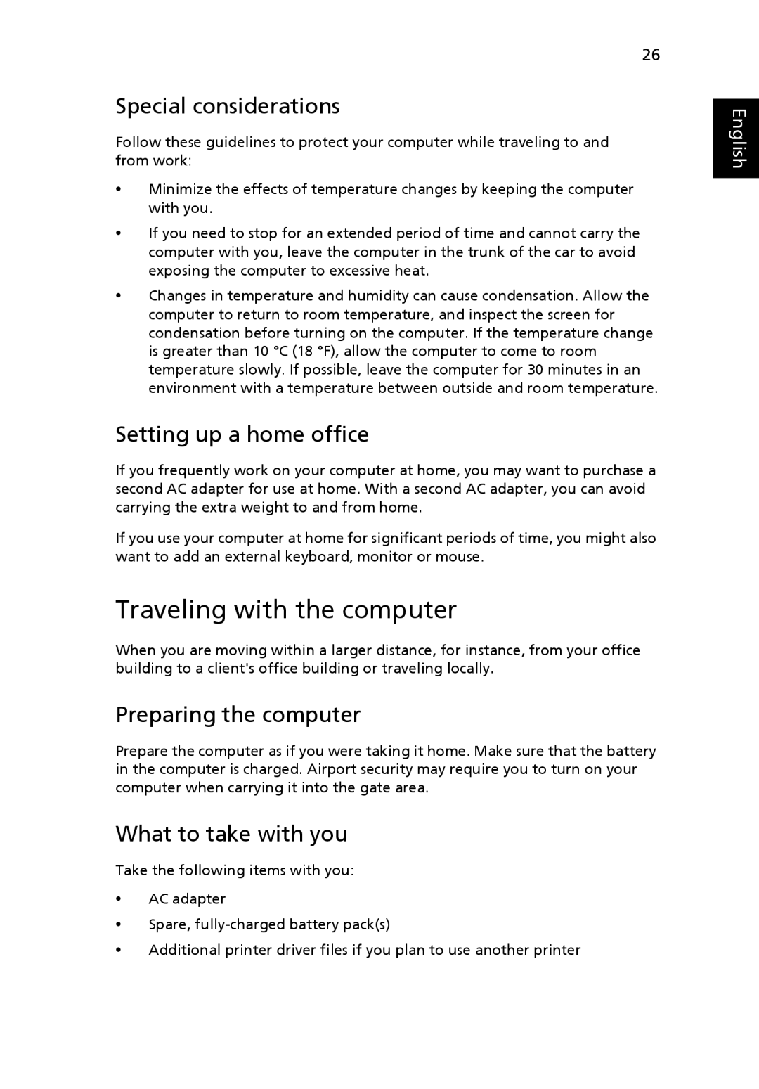 eMachines E510 Series manual Traveling with the computer, Special considerations, Setting up a home office 