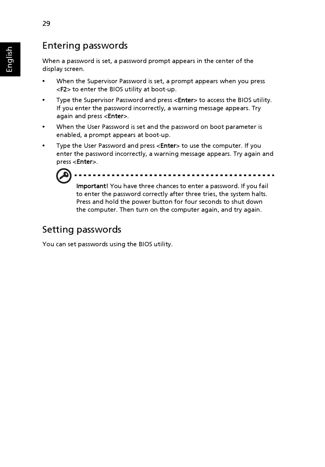 eMachines E510 Series manual Entering passwords, Setting passwords 