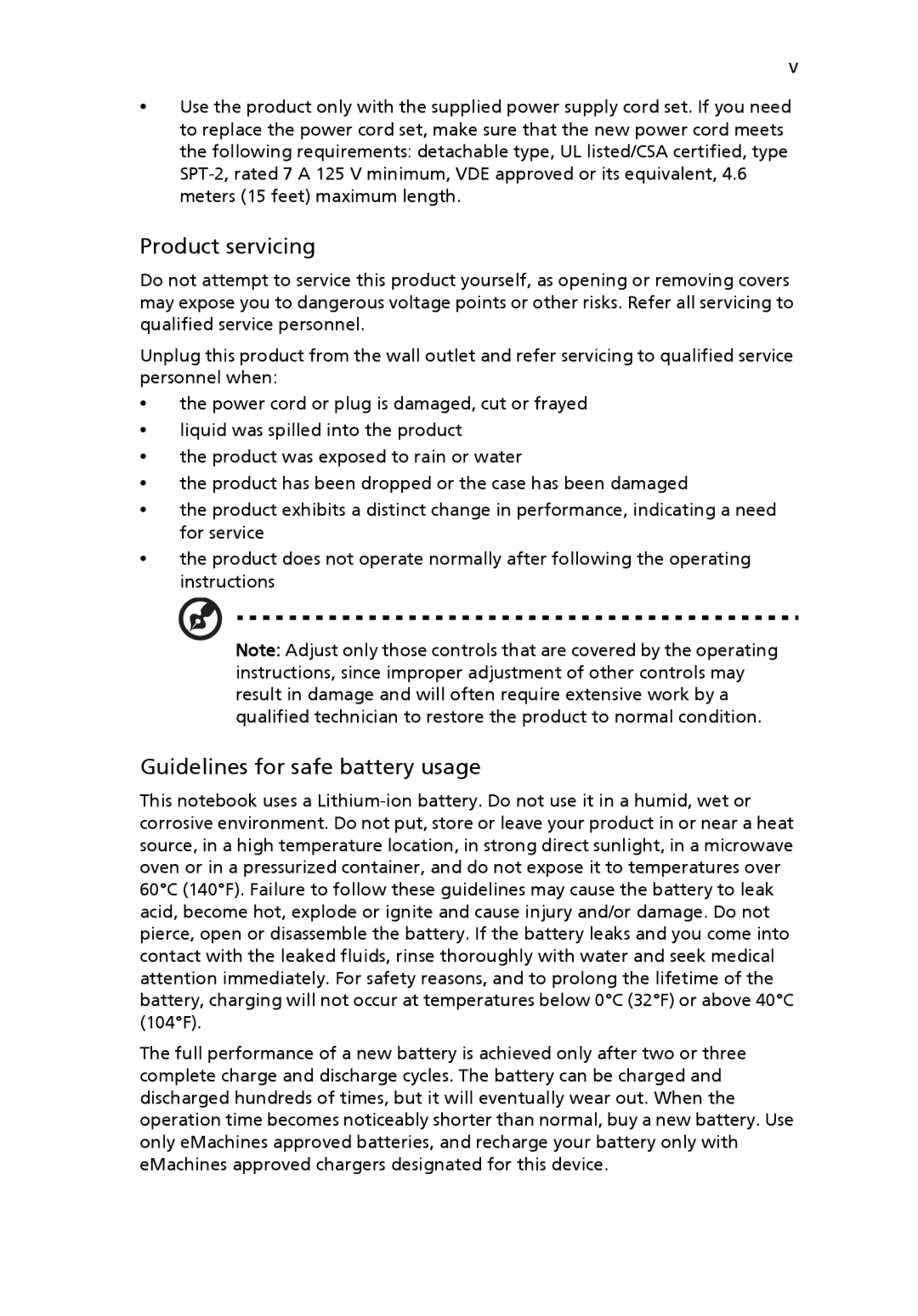 eMachines E510 Series manual Product servicing, Guidelines for safe battery usage 