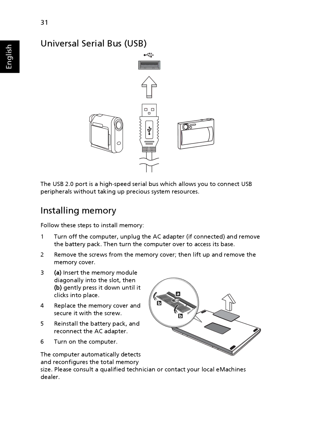 eMachines E510 Series manual Universal Serial Bus USB, Installing memory 