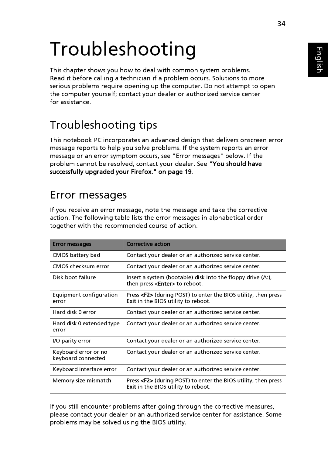 eMachines E510 Series manual Troubleshooting tips, Error messages 