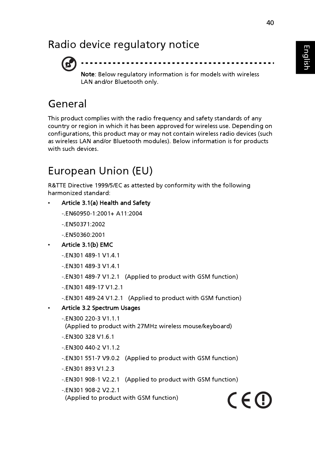 eMachines E510 Series manual Radio device regulatory notice General, European Union EU, Article 3.2 Spectrum Usages 