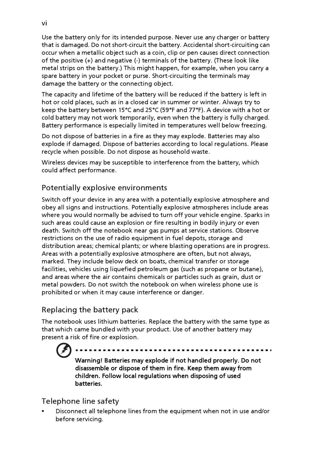 eMachines E510 Series manual Potentially explosive environments, Replacing the battery pack Telephone line safety 