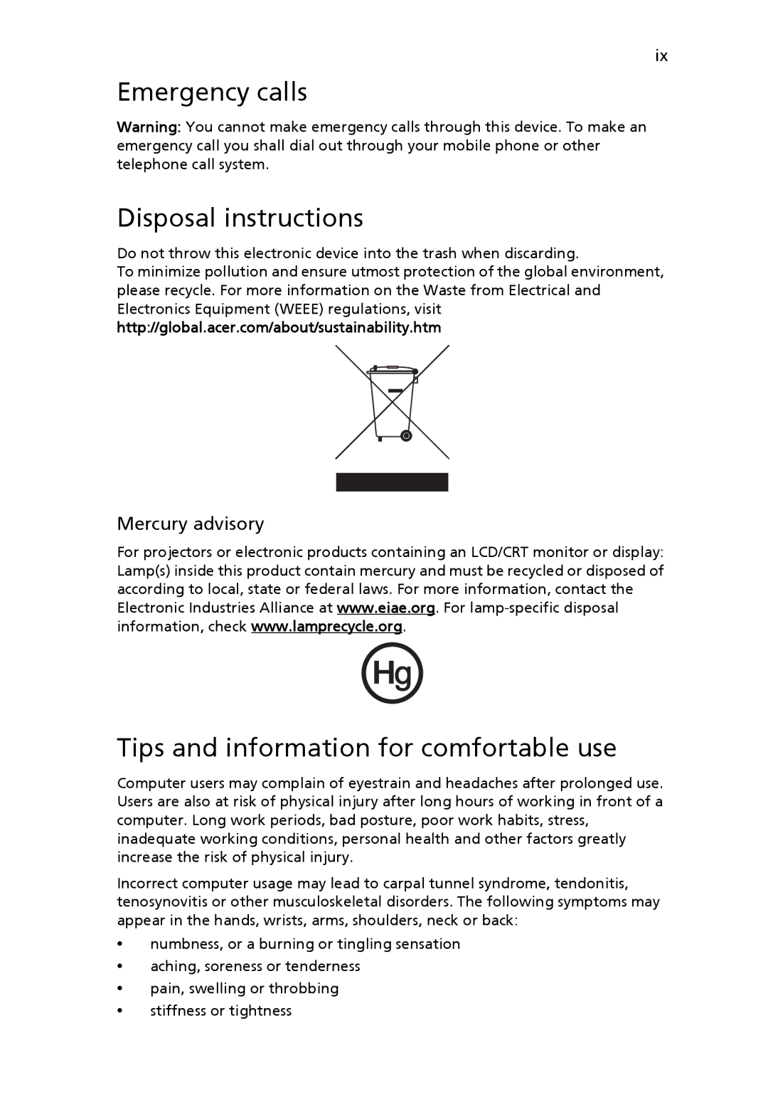 eMachines E510 Series Emergency calls Disposal instructions, Tips and information for comfortable use, Mercury advisory 