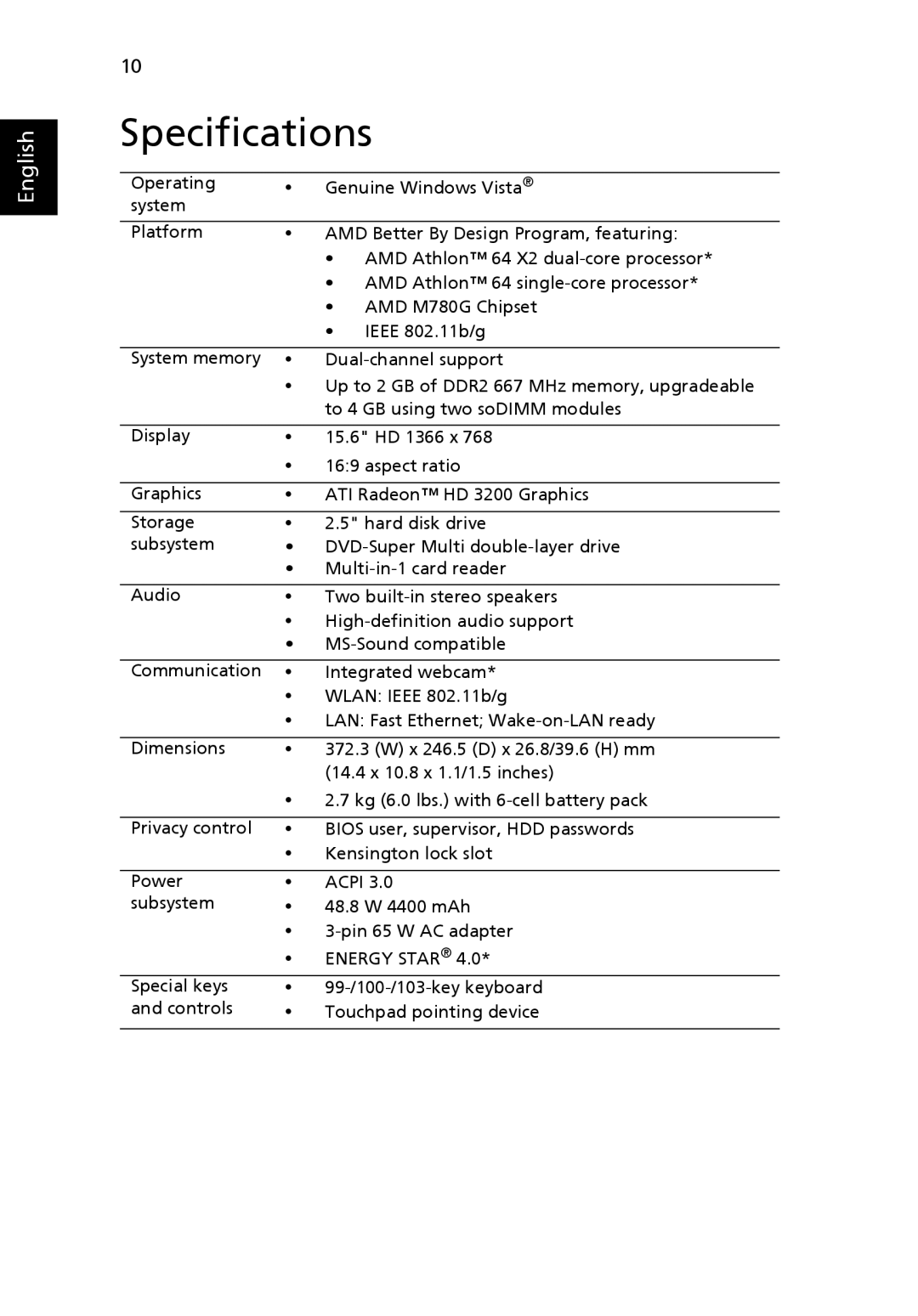 eMachines E627 Series manual Specifications, Energy Star 