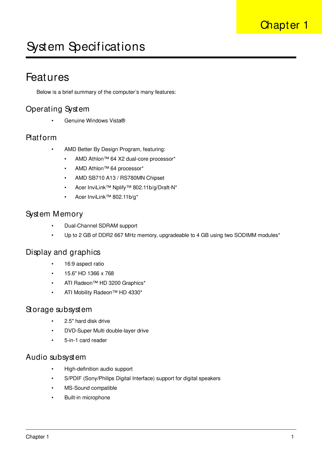 eMachines E628 manual Chapter, Features 