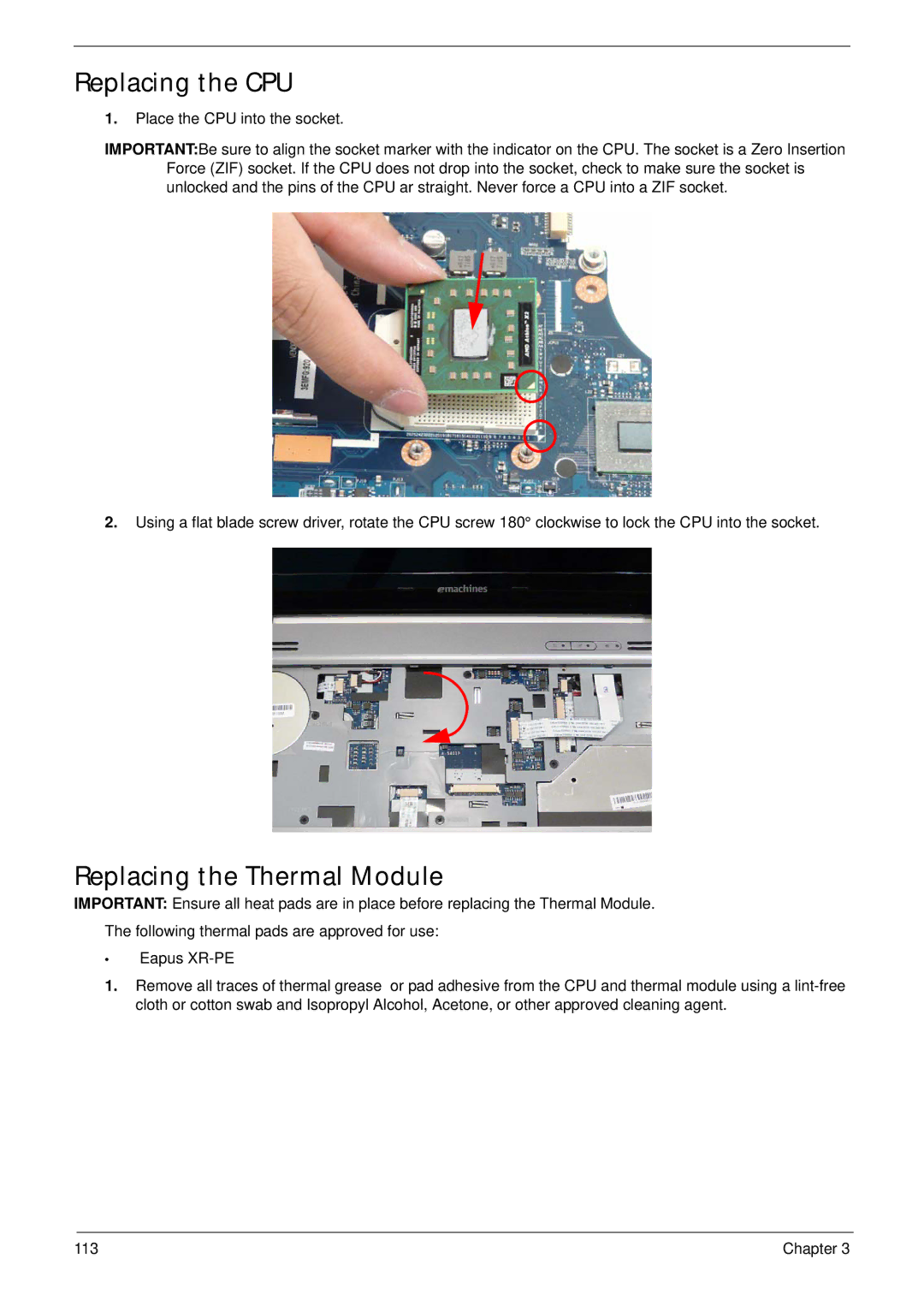 eMachines E628 manual Replacing the CPU, Replacing the Thermal Module 