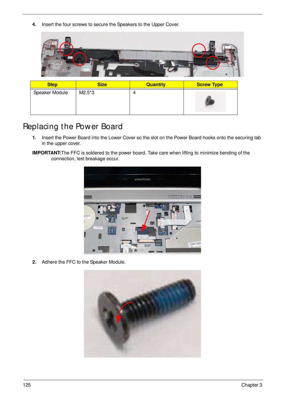 eMachines E628 manual Replacing the Power Board, Step Size Quantity Screw Type Speaker Module M2.5*3 