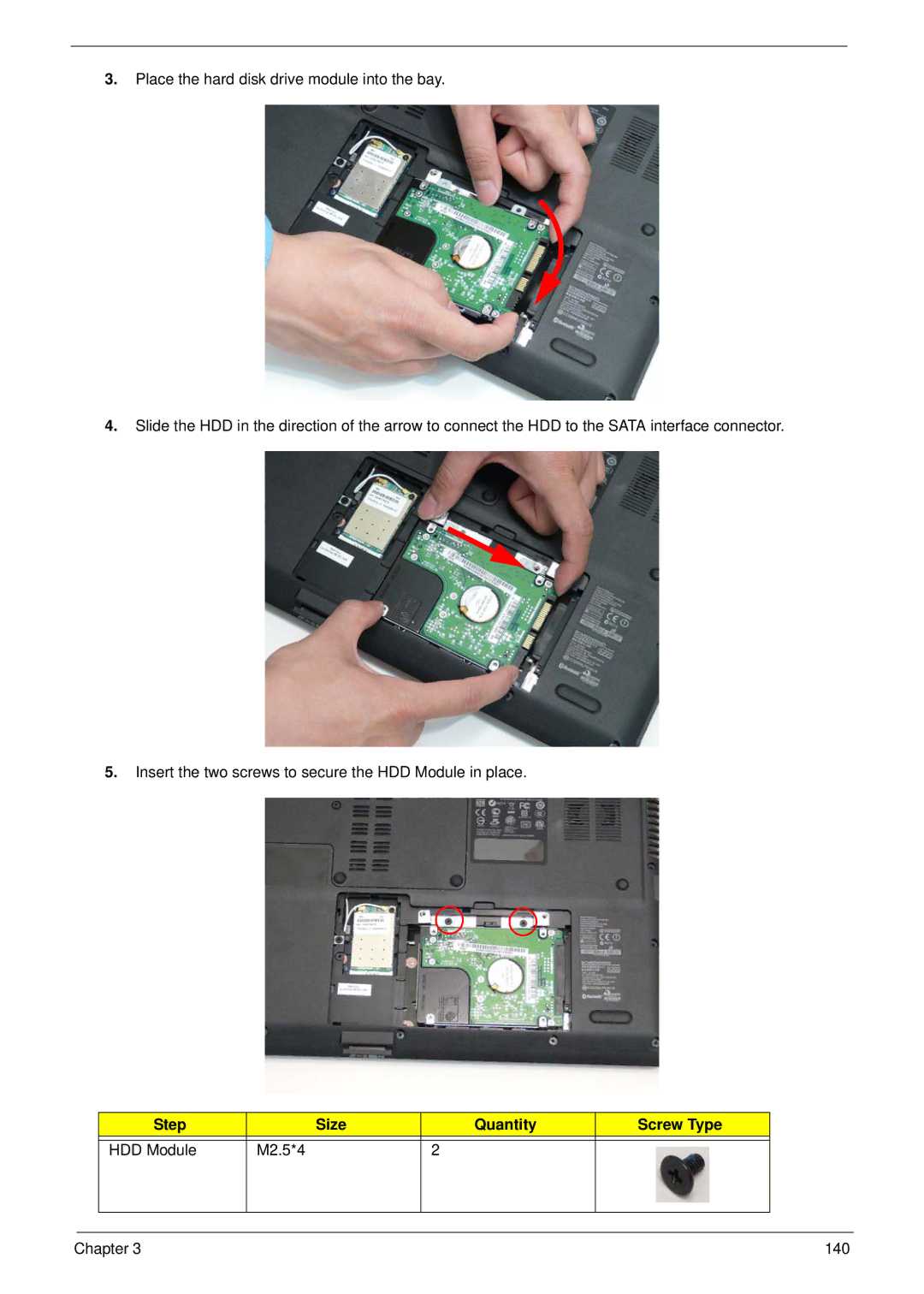 eMachines E628 manual Step Size Quantity Screw Type HDD Module M2.5*4 