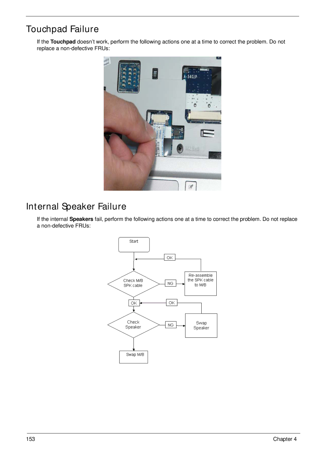 eMachines E628 manual Touchpad Failure, Internal Speaker Failure 