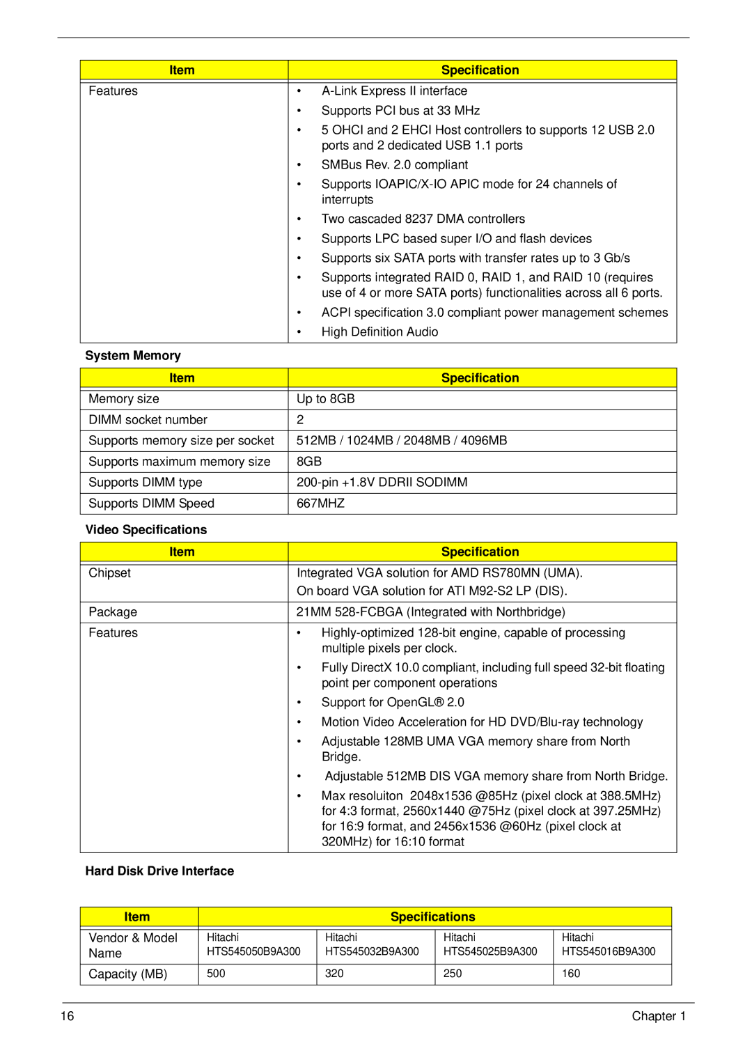 eMachines E628 manual System Memory Specification, 8GB, Video Specifications, Hard Disk Drive Interface Specifications 