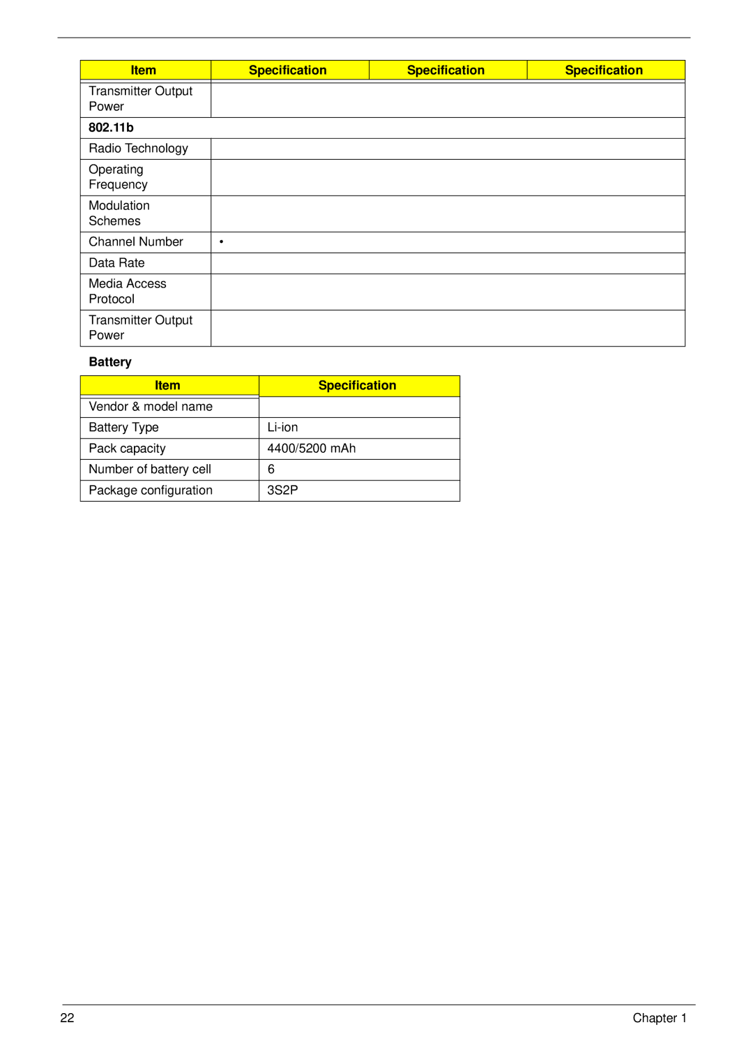 eMachines E628 manual Battery Specification 