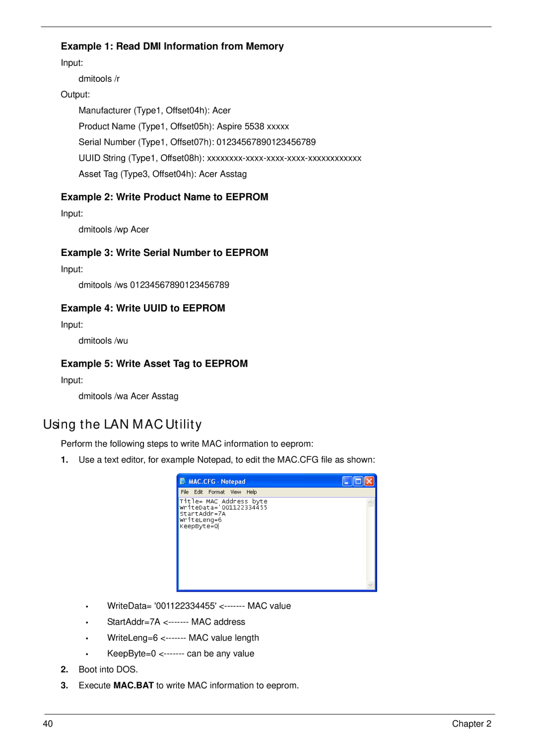 eMachines E628 manual Using the LAN MAC Utility, Example 1 Read DMI Information from Memory 