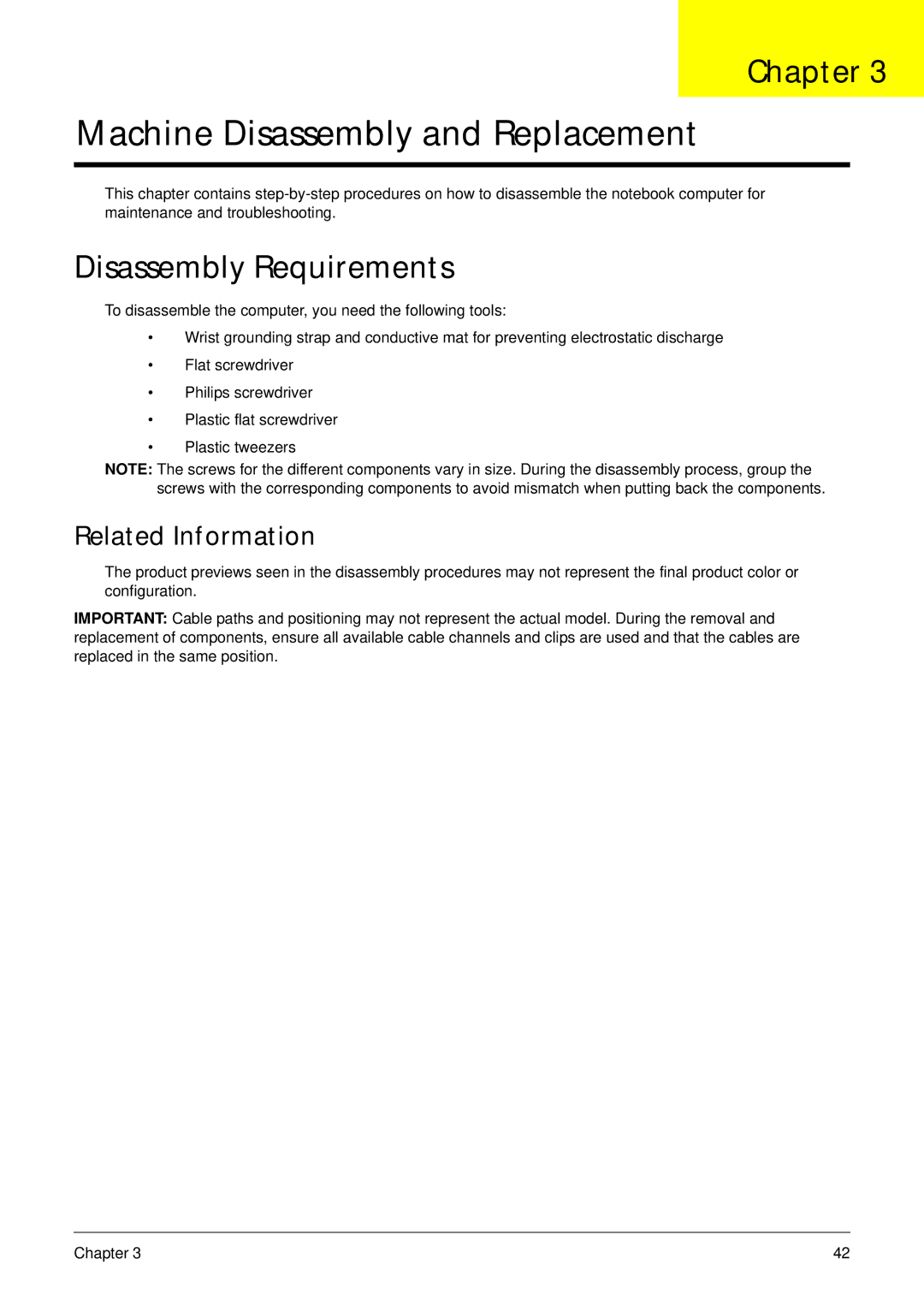 eMachines E628 manual Disassembly Requirements, Related Information 