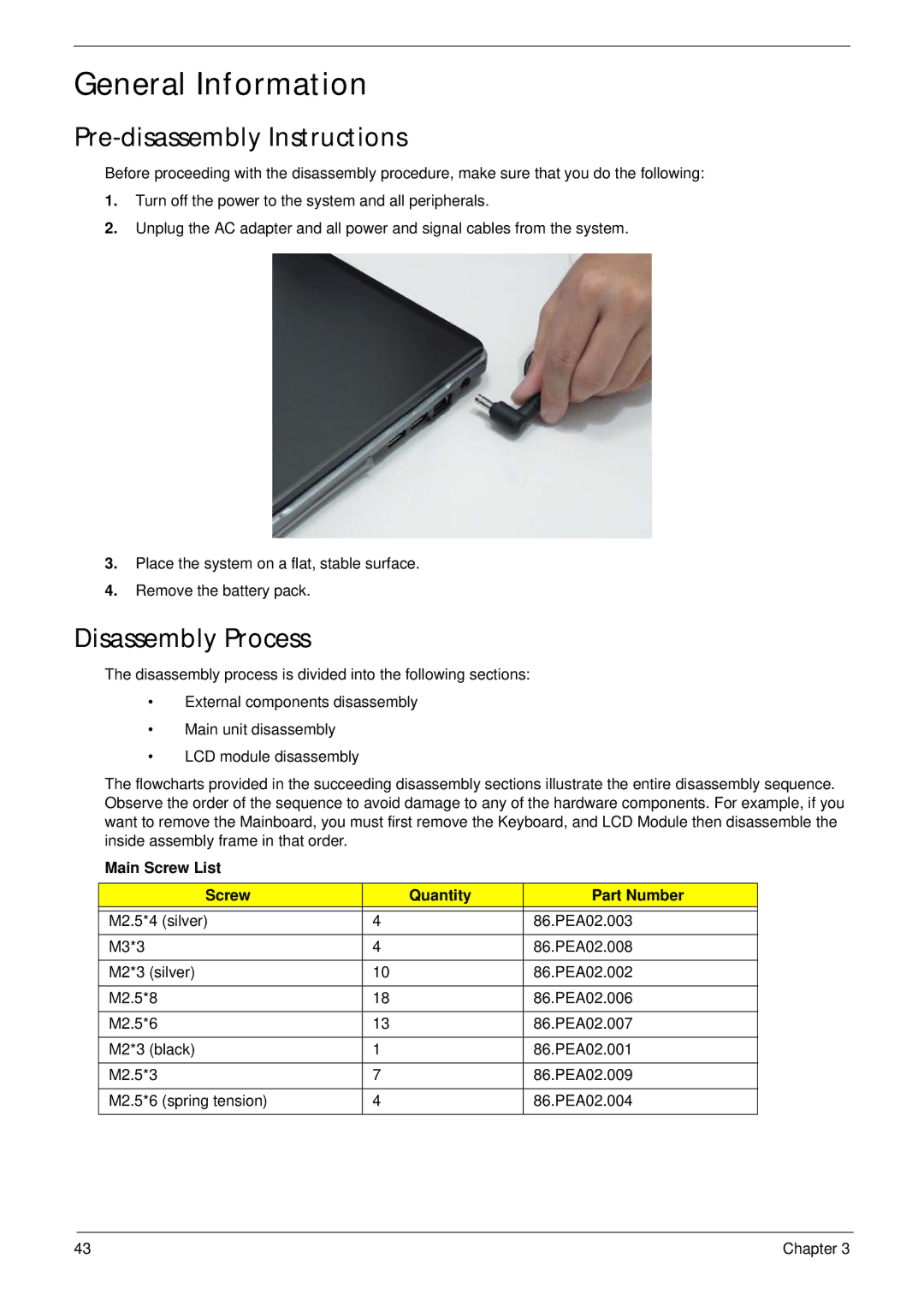 eMachines E628 manual General Information, Pre-disassembly Instructions, Disassembly Process 