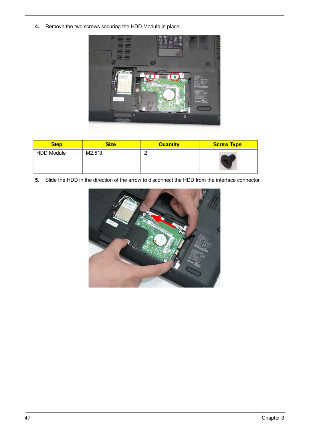 eMachines E628 manual Step Size Quantity Screw Type HDD Module M2.5*3 