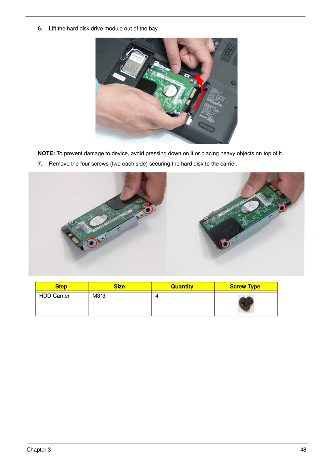 eMachines E628 manual Step Size Quantity Screw Type HDD Carrier M3*3 