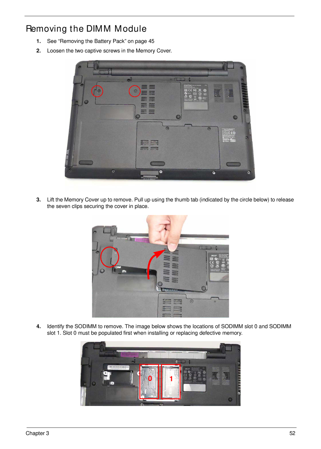 eMachines E628 manual Removing the Dimm Module 