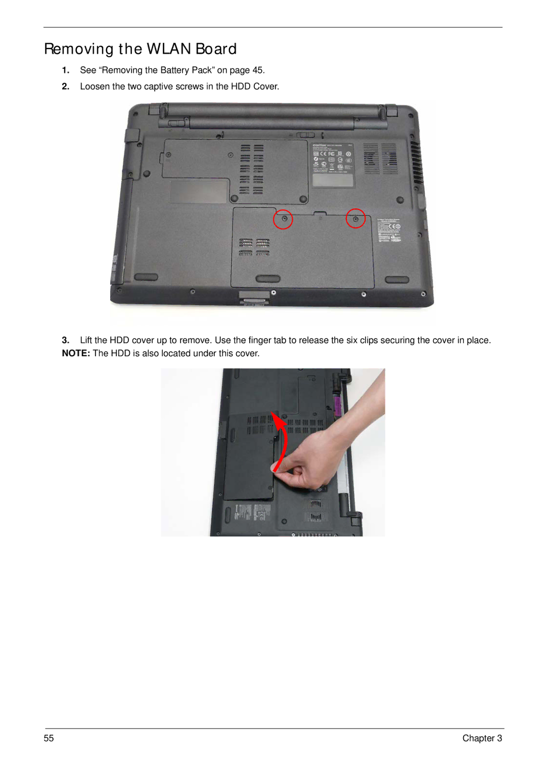 eMachines E628 manual Removing the Wlan Board 