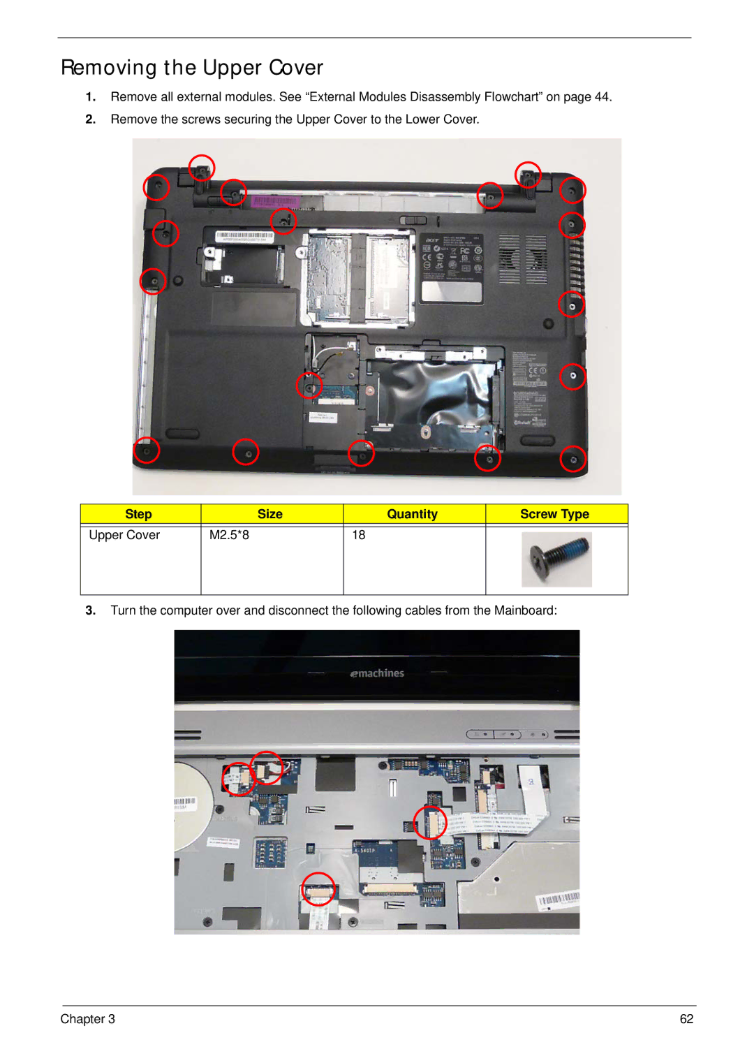 eMachines E628 manual Removing the Upper Cover, Step Size Quantity Screw Type Upper Cover M2.5*8 