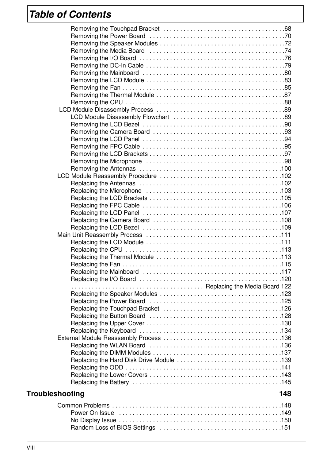 eMachines E628 manual Viii 