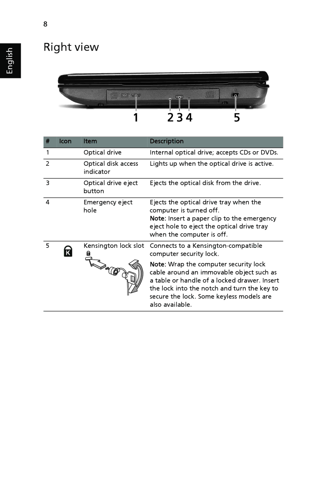 eMachines E630 Series, E430 Series manual Right view 