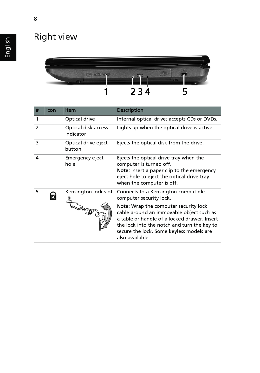 eMachines E630 Series, E430 Series manual Right view, English 