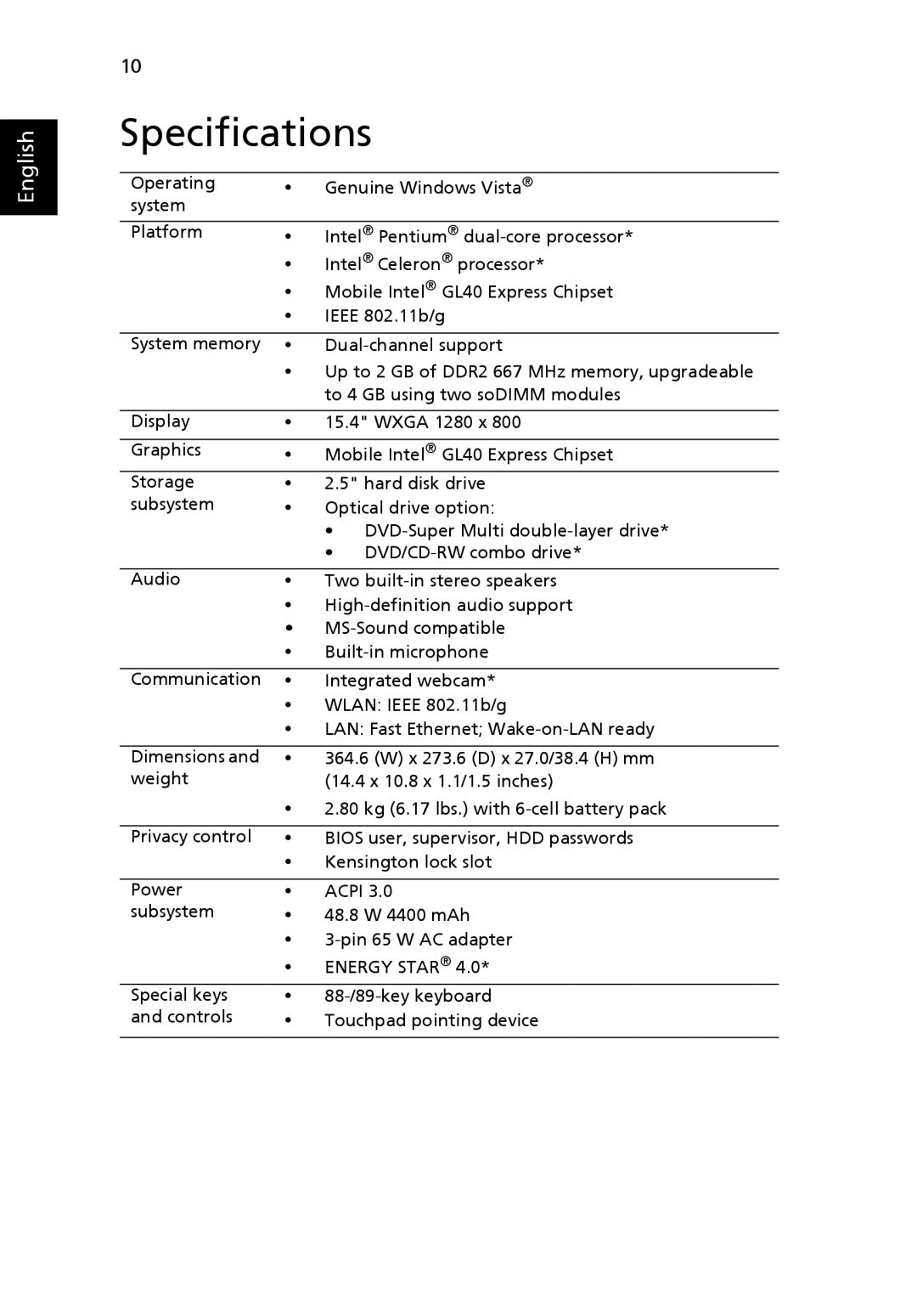 eMachines E720 Series, E520 Series manual Specifications, Energy Star 