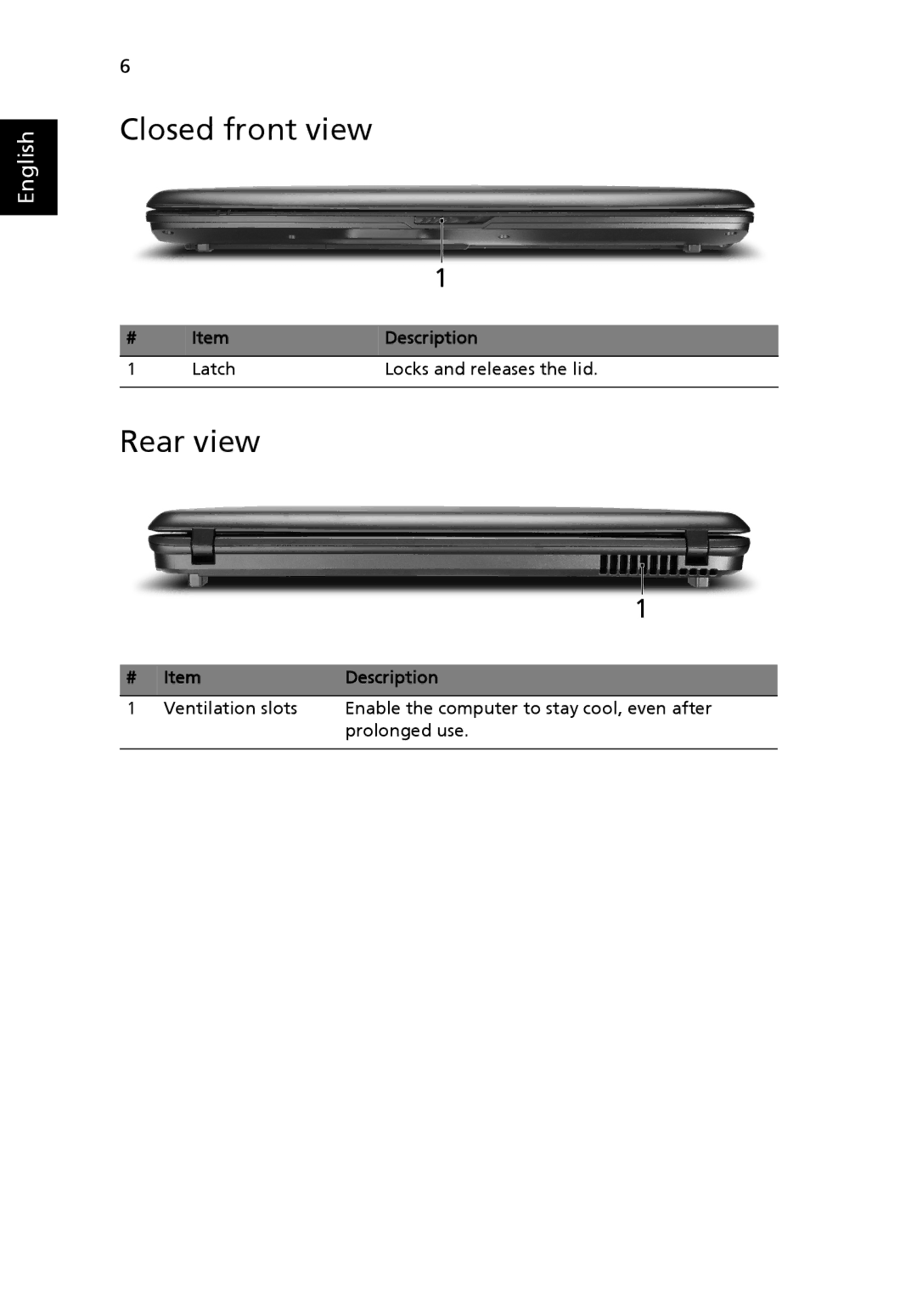 eMachines E720 Series, E520 Series manual Closed front view, Rear view 