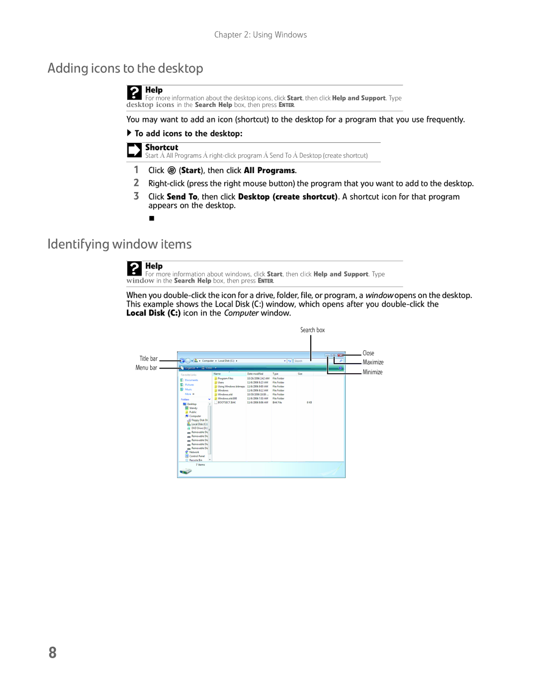 eMachines EL1200 Series manual Adding icons to the desktop, Identifying window items 