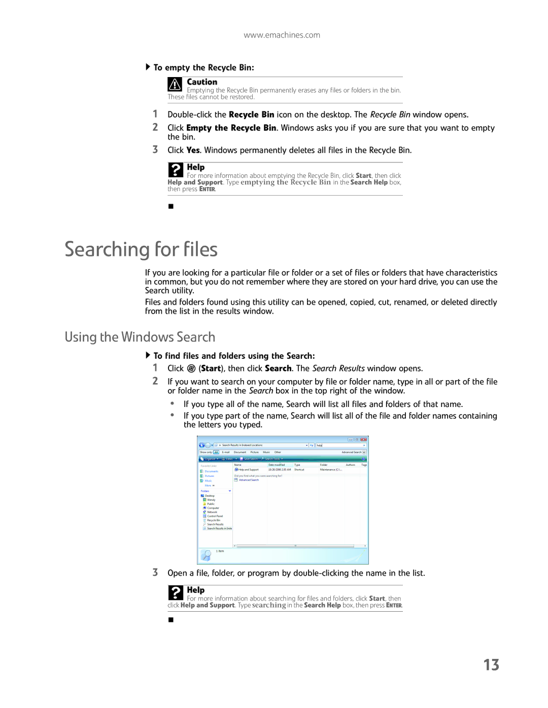 eMachines EL1200 Series manual Searching for files, Using the Windows Search 