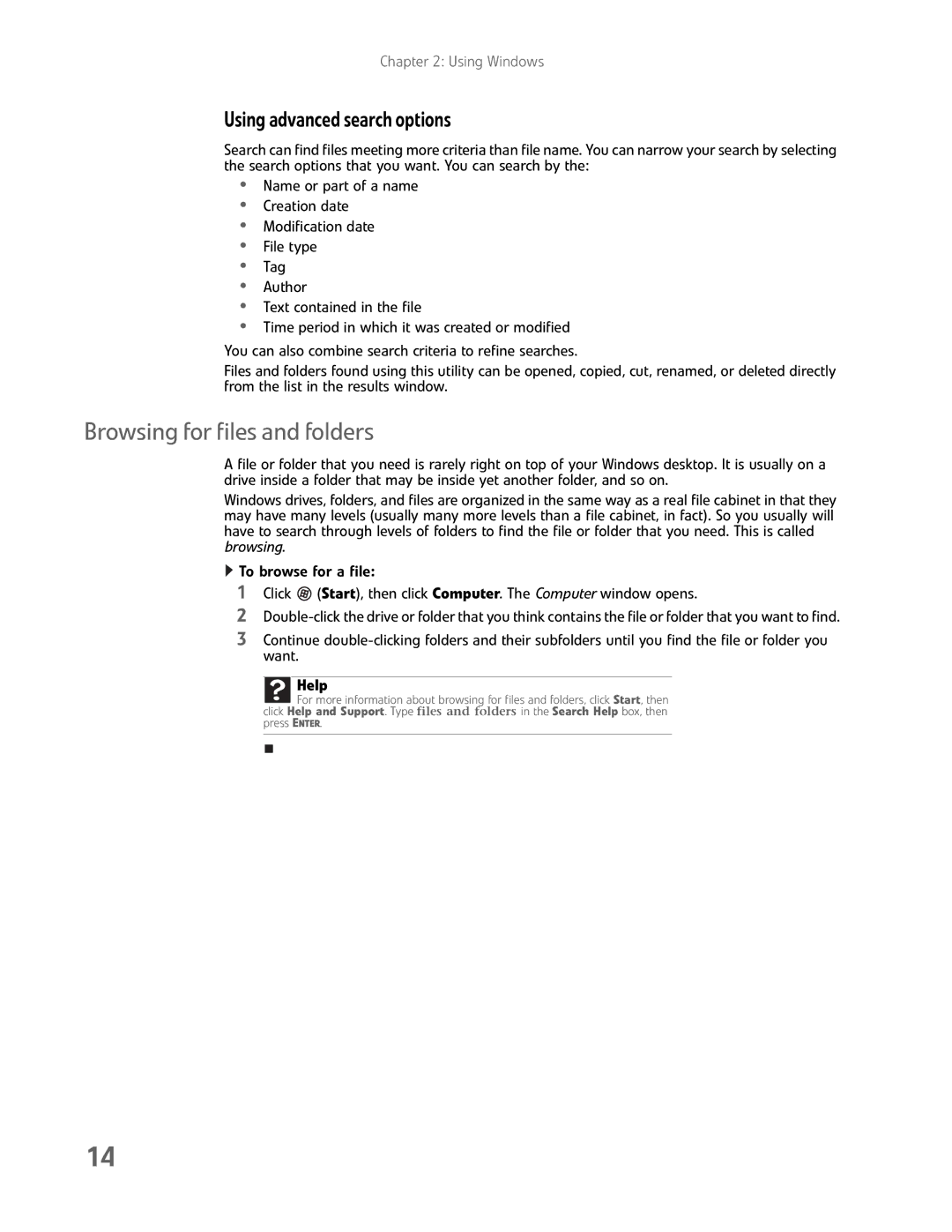 eMachines EL1200 Series manual Browsing for files and folders, Using advanced search options 