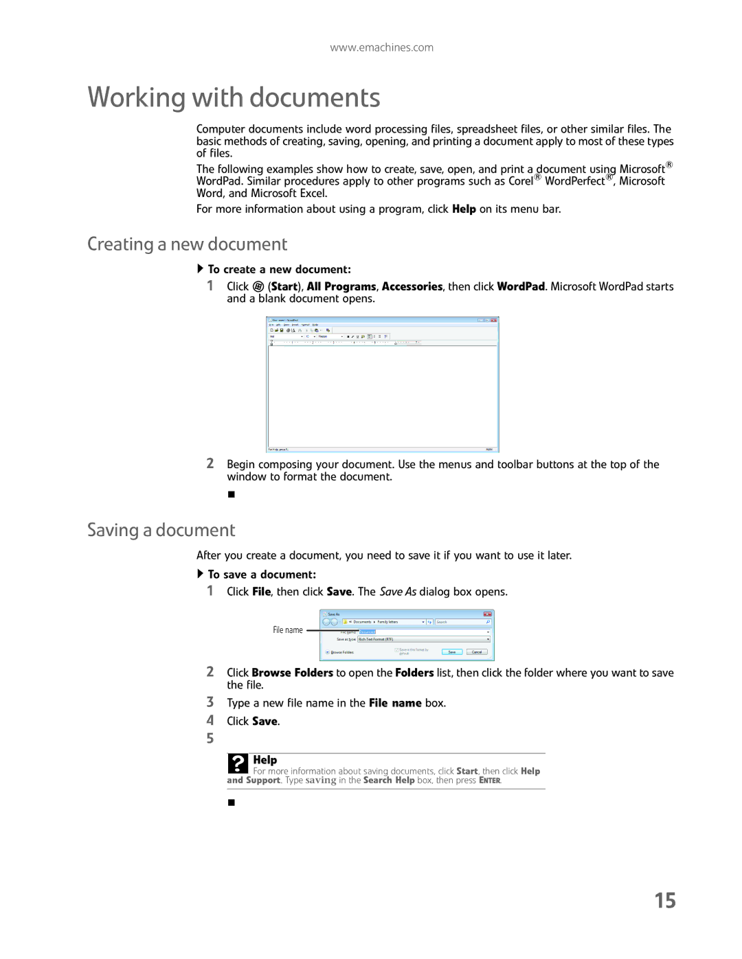 eMachines EL1200 Series manual Working with documents, Creating a new document, Saving a document 