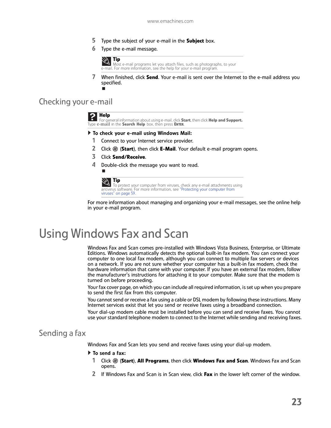 eMachines EL1200 Series manual Using Windows Fax and Scan, Checking your e-mail, Sending a fax, Click Send/Receive 