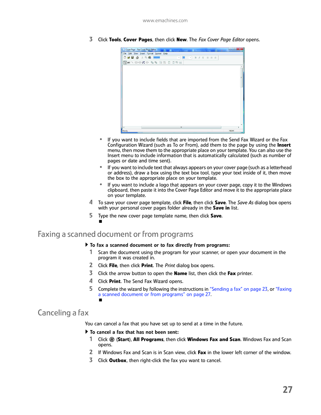 eMachines EL1200 Series manual Faxing a scanned document or from programs, Canceling a fax 