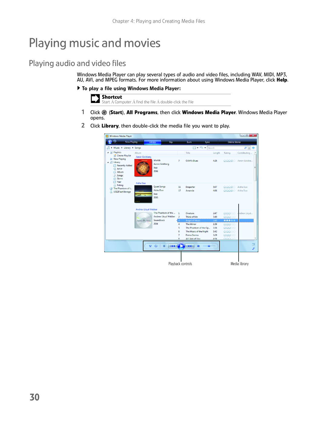 eMachines EL1200 Series manual Playing music and movies, Playing audio and video files 