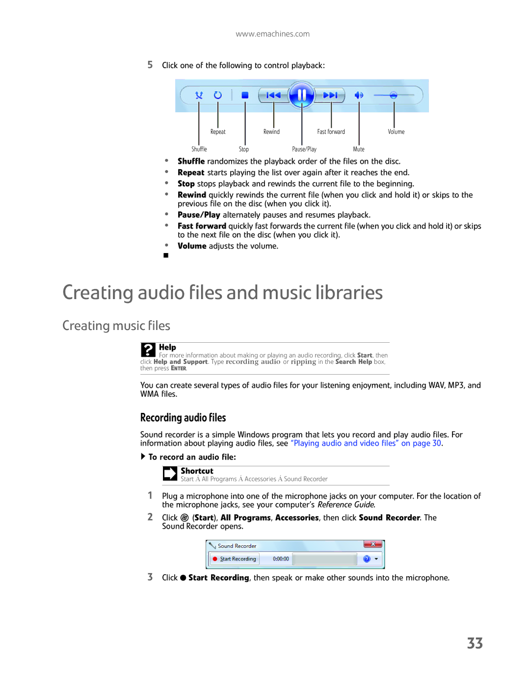 eMachines EL1200 Series manual Creating audio files and music libraries, Creating music files, Recording audio files 