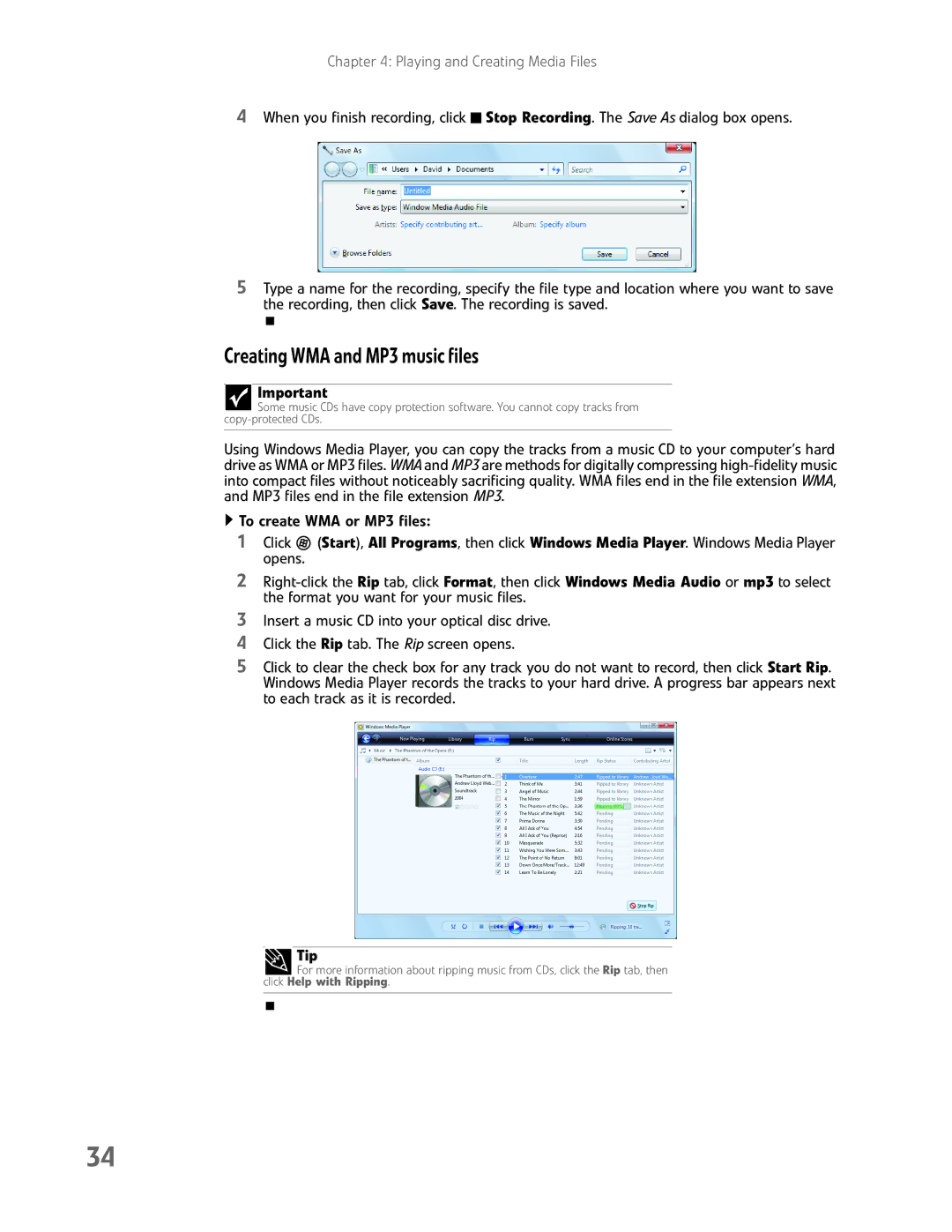 eMachines EL1200 Series manual Creating WMA and MP3 music files, Tip 