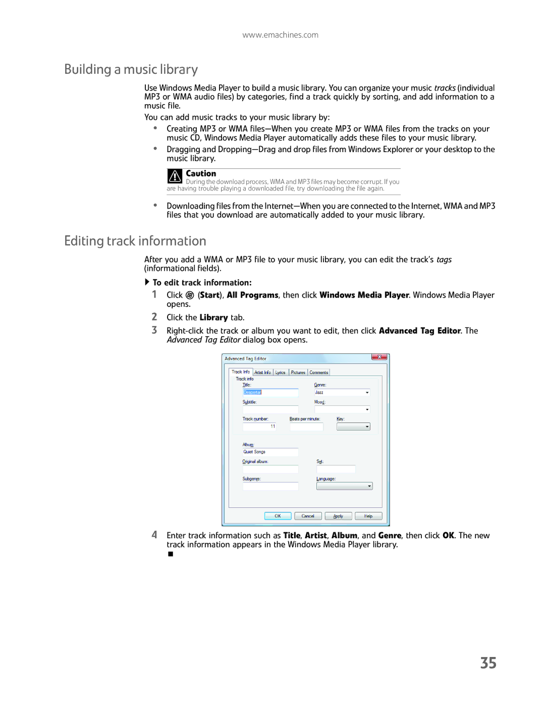 eMachines EL1200 Series manual Building a music library, Editing track information 