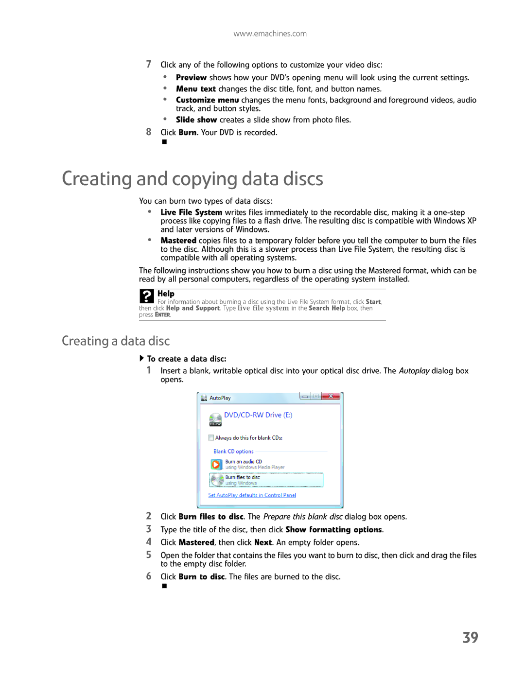 eMachines EL1200 Series manual Creating and copying data discs, Creating a data disc 