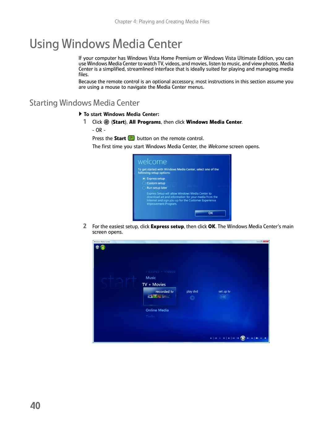 eMachines EL1200 Series manual Using Windows Media Center, Starting Windows Media Center 