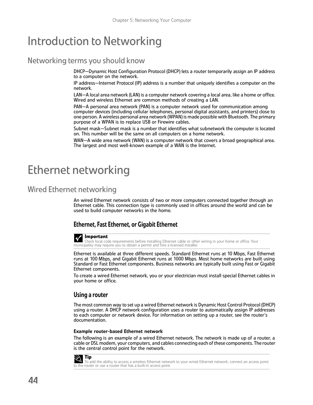 eMachines EL1200 Series manual Introduction to Networking, Ethernet networking, Networking terms you should know 